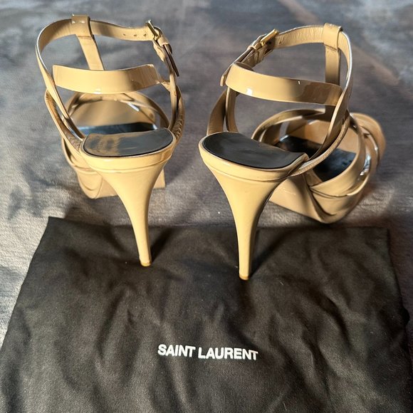 SAINT LAURENT YSL Tribute Platform Leather Sandal Nude Size 37.5, w/ Box & Bags - Picture 3 of 14